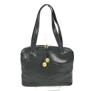 CHANEL Vintage Black Caviar Leather Logo Shoulder Bag
